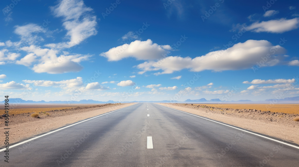 Empty Road trip straight towards long highway horizon clouds bright blue sky Empty Road trip straight towards long highway horizon clouds bright blue sky
