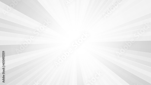 Gray background with white sun ray. Pattern of starburst. Abstract texture with light of sunburst. Radial beam of sunlight. Retro background with flash. Beige retro background with rays.