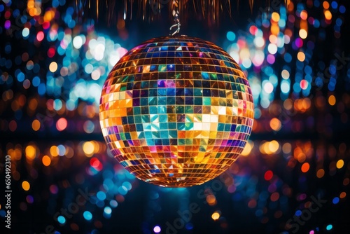 Illustration of a shimmering disco ball suspended in a vibrant and illuminated setting created with Generative AI technology