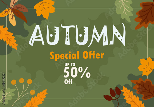 Autum sale leaves collection pattern Vector.Discount 50%.Special offer sale template.