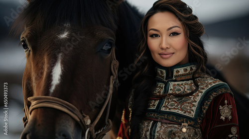 Beautiful Asian woman wearing luxurious traditional Mongolian clothing standing next to horse created with Generative AI Technology