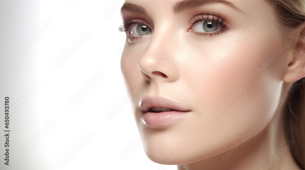 Glamorous female facial face with luxurious natural cosmetics makeup with glowing skin