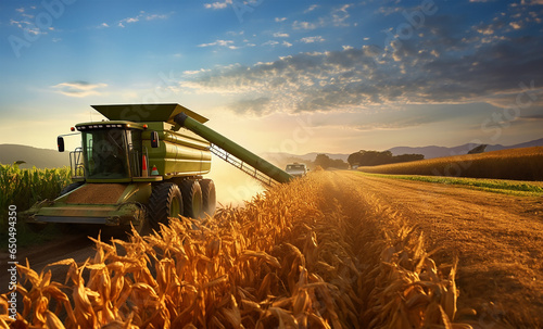 harvester pouring freshly harvested corn maize seeds or soybeans into a container trailer