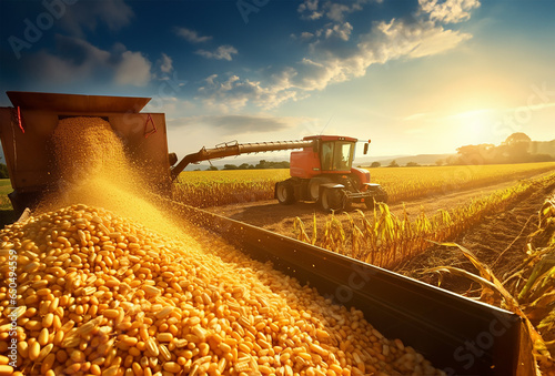 harvester pouring freshly harvested corn maize seeds or soybeans into a container trailer
