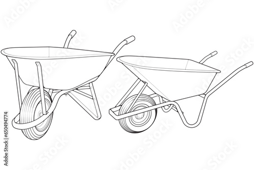 Set of single Wheel Barrow vector .Trolley line art vector illustration isolated on white background.  Wheel Barrow outline illustration.