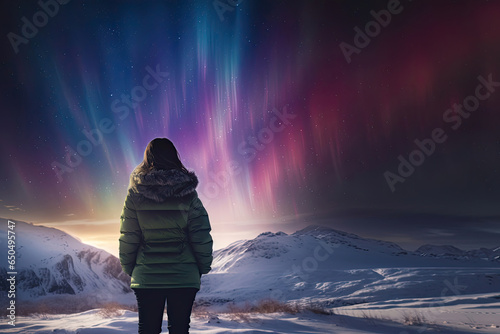 Back view of a woman observing a beautiful scenery with northern lights in a night sky