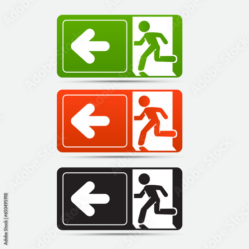 Vector illustration set of emergency fire exit signs in green, red, and black colors