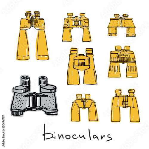set of vector binoculars drawn in hand-drawn graphic style white background