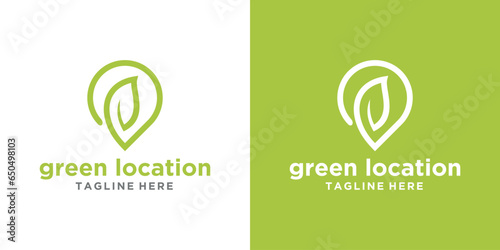 map pin and leaf logo design, green places search icon, combined with leaves and made in modern style