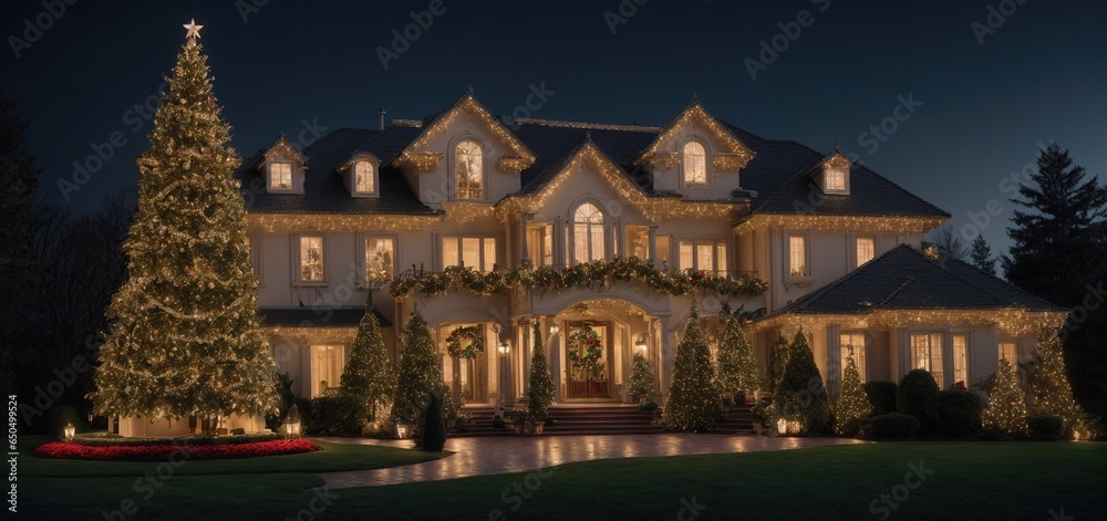 A grand, sprawling luxury home adorned with twinkling Christmas lights and a towering tree in the front yard, evoking a sense of warmth and opulence 