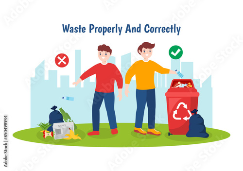 Waste Properly And Correctly Vector Illustration with Demonstration of Correct Garbage Sorting and Proper Disposal in Flat Cartoon Background Design