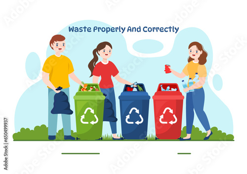 Waste Properly And Correctly Vector Illustration with Demonstration of Correct Garbage Sorting and Proper Disposal in Flat Cartoon Background Design