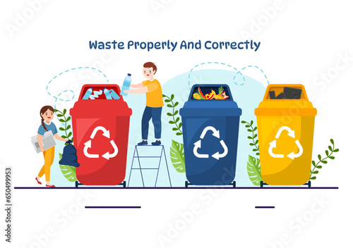 Waste Properly And Correctly Vector Illustration with Demonstration of Correct Garbage Sorting and Proper Disposal in Flat Cartoon Background Design
