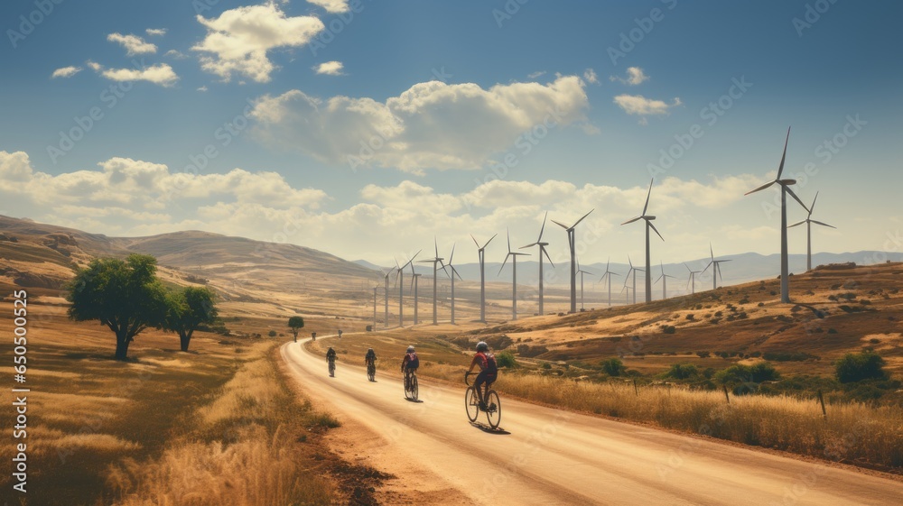 cyclist on the urban road practicing and training in the background wind turbines clean energy, landscape with wind turbines