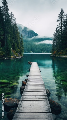 Long wooden dock on a misty serene lake in autumn. Fall landscape with mountains and trees. Pier on a calm pond.