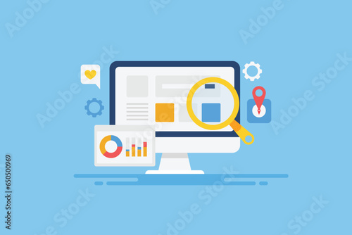 Analytics report on dashboard interface, graph and chart, SEO marketing, business intelligence and financial data, search information vector illustration web banner.
