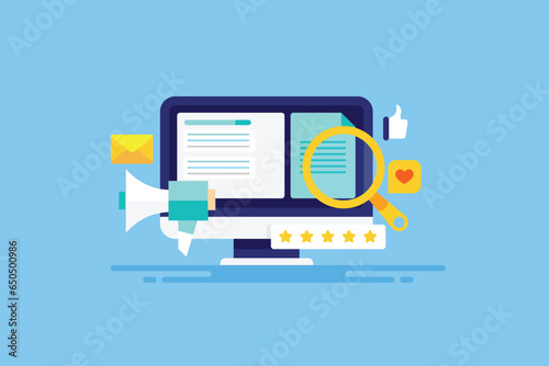 Content integrated with digital marketing strategy, SEO content optimization and engaging social media post, computer internet business vector illustration web banner.