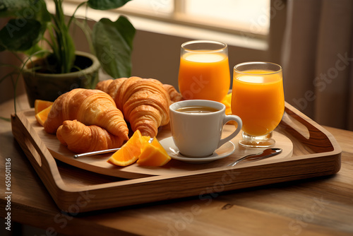 Breakfast tray with orange juice, croissants on wooden tray.