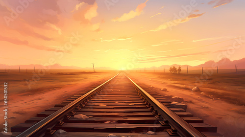 荒野を夕日に向かってまっすぐ進む線路のイラスト photo