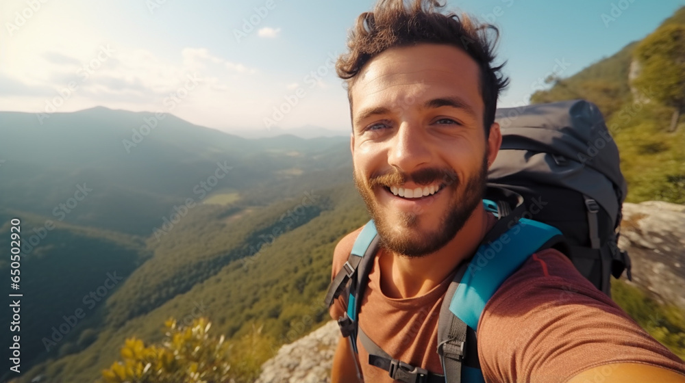 Handsome man taking selfie on  mountain 