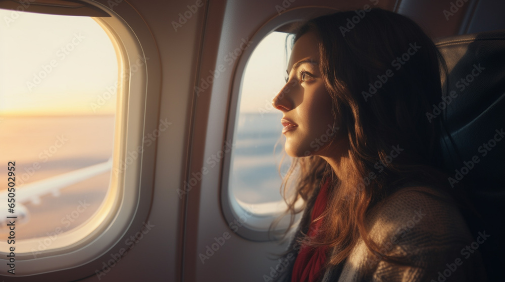  Asian woman sitting in a seat in airplane and looking out the window going on a trip vacation travel concept  - obrazy, fototapety, plakaty 