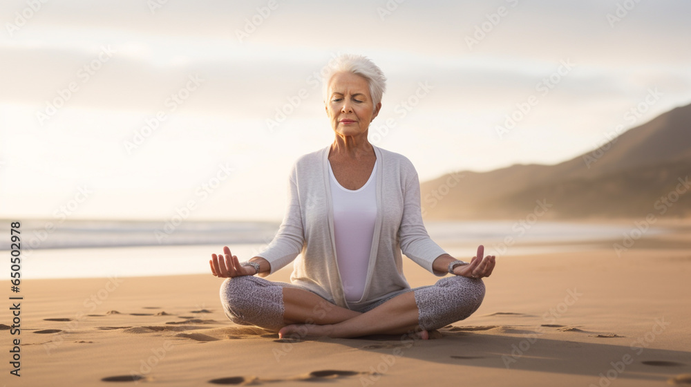  Generative AI illustration of crop aged woman meditating with hands in yoga position outdoors on sunny day 
