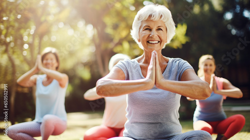 Waist up portrait of smiling senior woman enjoying sports workout outdoors and looking at camera while doing stretching exercise