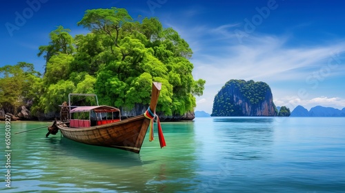 A serene scene of a small boat anchored near a picturesque tropical island in Thailand, with lush greenery and clear blue waters © Mohsin