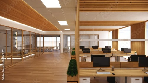 Interior Empty Modern Loft Office open space modern office footage.Modern open concept Lobby and reception area meeting room design.3d Rendering  interior walk through.