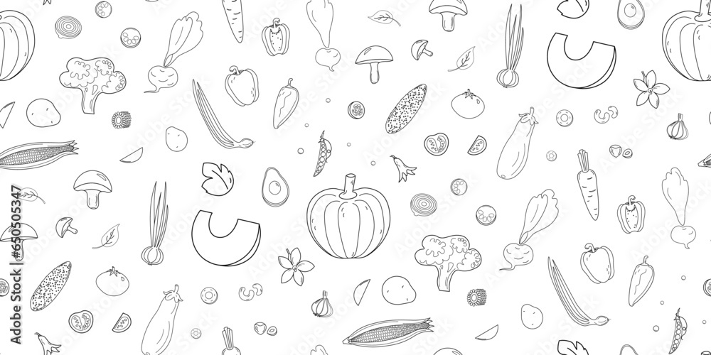 Seamless pattern with sketch of vegetables in hand drawn style like ink drawing.