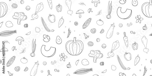 Seamless pattern with sketch of vegetables in hand drawn style like ink drawing.