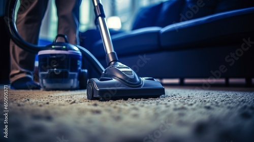 Person cleaning the living room with a vacuum and cleaning tools in a stylish dark blue and silver theme