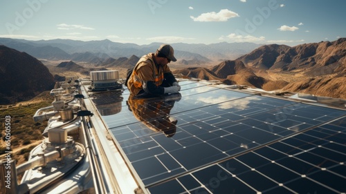 engineers installing solar panels in the desert, high temperatures, working in the sun