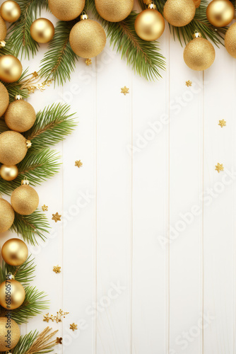 Banner with space for text. Light white wooden background with fir branches and golden balls framing the corner. New Year or Christmas.