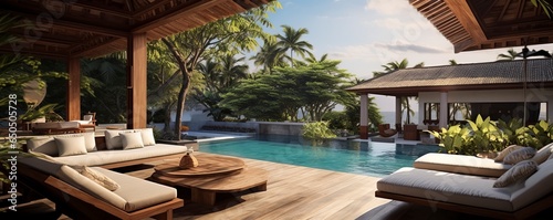A luxurious resort featuring a pool surrounded by a terrace with comfortable sofas and sun loungers. This villa in Bali offers a tranquil tropical escape