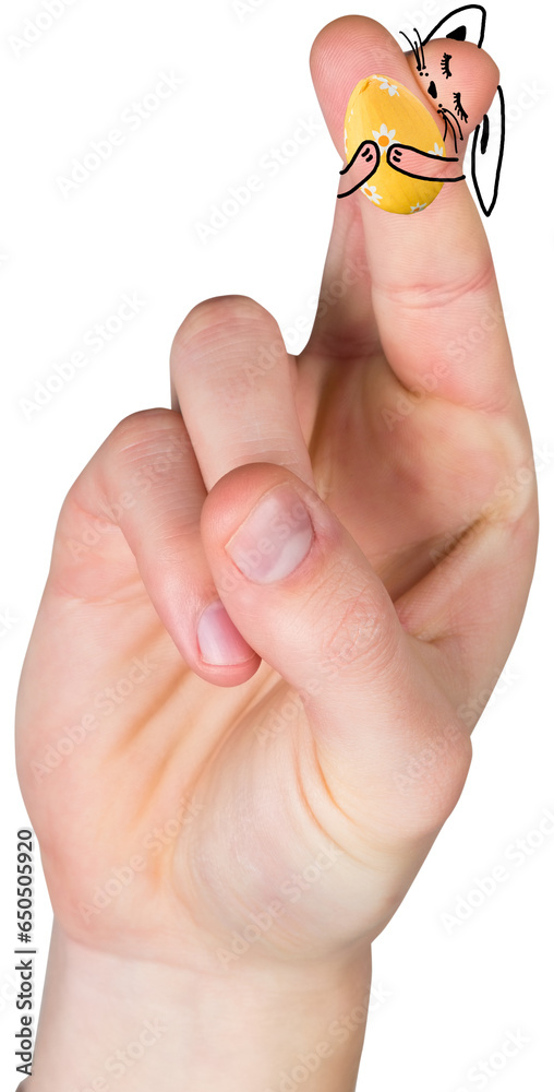 Obraz premium Digital png illustration of fingers with bunny and egg on transparent background