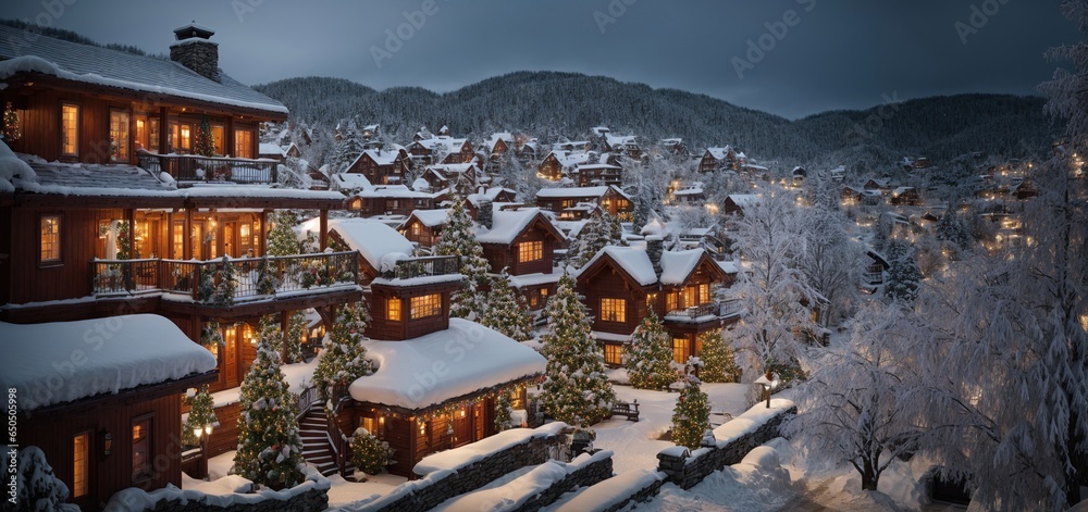 the snow-covered roofs and trees are the perfect canvas for these stunning holiday decorations, with each house showcasing a different style and theme, from traditional to modern - obrazy, fototapety, plakaty 
