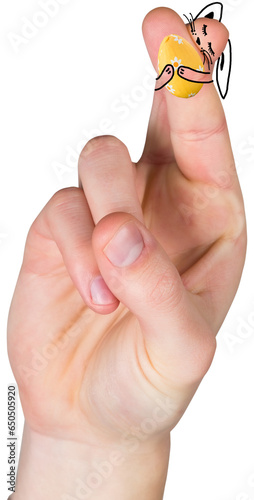 Digital png illustration of fingers with bunny and egg on transparent background