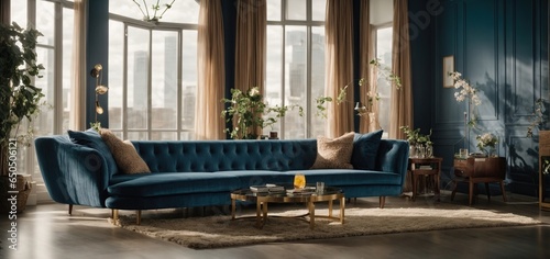  a luxurious blue sofa in a spacious living room  surrounded by elegant decor and natural light pouring in from large windows