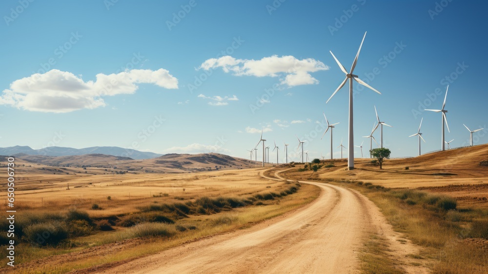 windmills for wind energy in rural town, green energy, sustainable