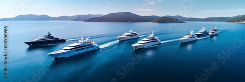 Top view of five yachts sailing in the sea captured from a high-quality drone © Mohsin