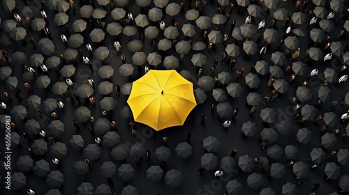 Bird's eye view of a vibrant yellow umbrella standing out amidst a sea of black umbrellas in a bustling crowd