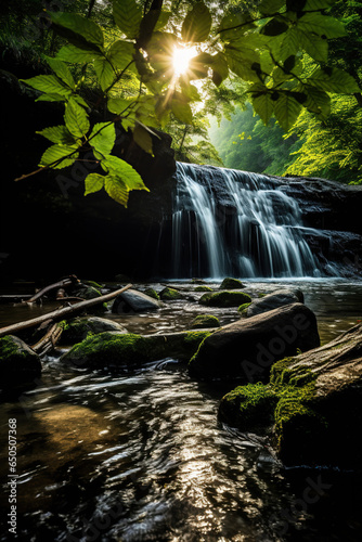 Beautiful waterfall in deep forest with sunlight and green moss on rocks. 