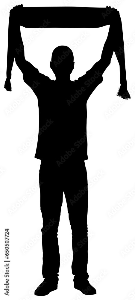 Digital png silhouette image of man holding ribbon on transparent background