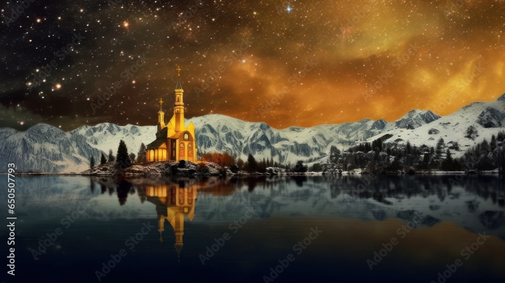 Obraz premium at night a church by a lake in the mountains