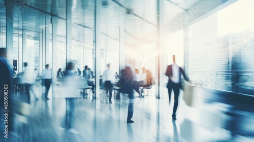 Blurred business people in white glass office background.