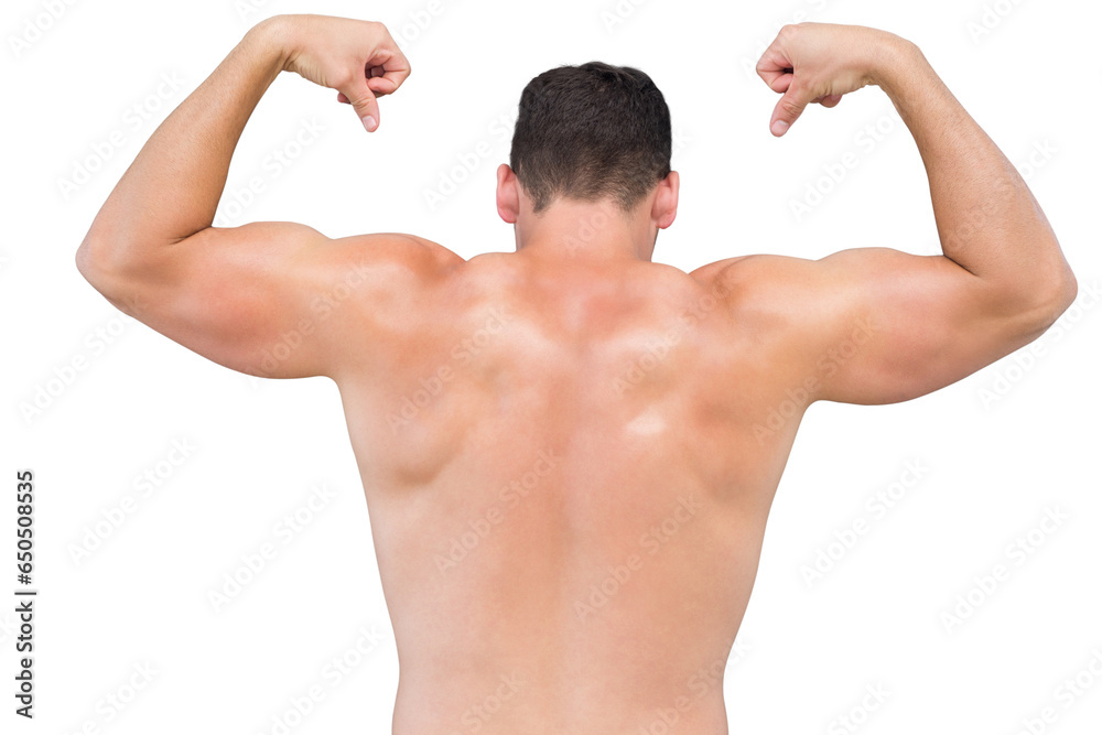 Digital png photo of back of shirtless caucasian man flexing biceps on transparent background Digital png photo of back of shirtless caucasian man flexing biceps on transparent background