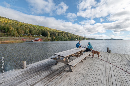 Breakfast at pier near the sea at skuleberget campsite caravan camping in Hoga Kusten Sweden photo