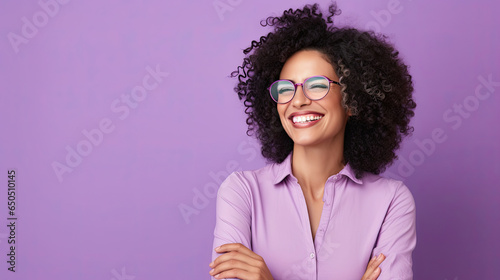 happy young woman smiling and wearing glasses on light purple background with empty space for text created with Generative AI Technology