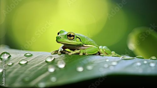 Green tree frog standing on green leaf with air droplets created with Generative AI Technology